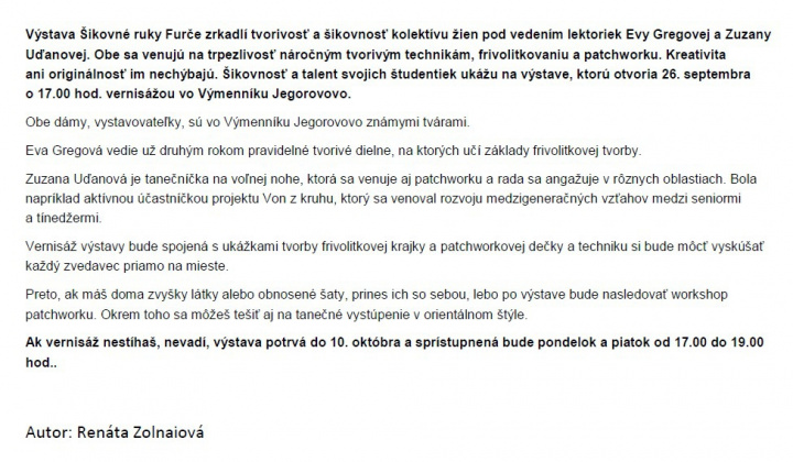 4. fotografia fotogalérie Kultúrno-spoločenské a športové aktivity / Patchwork a frivolitkovanie spájajú talent, trpezlivosť a tvorivosť - foto