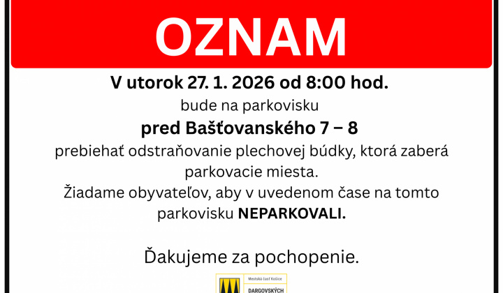 Fotka - OZNAM PRE OBYVATEĽOV: v utorok (27. 2. 2026) neparkujte na parkovisku Bašťovanského 7–8